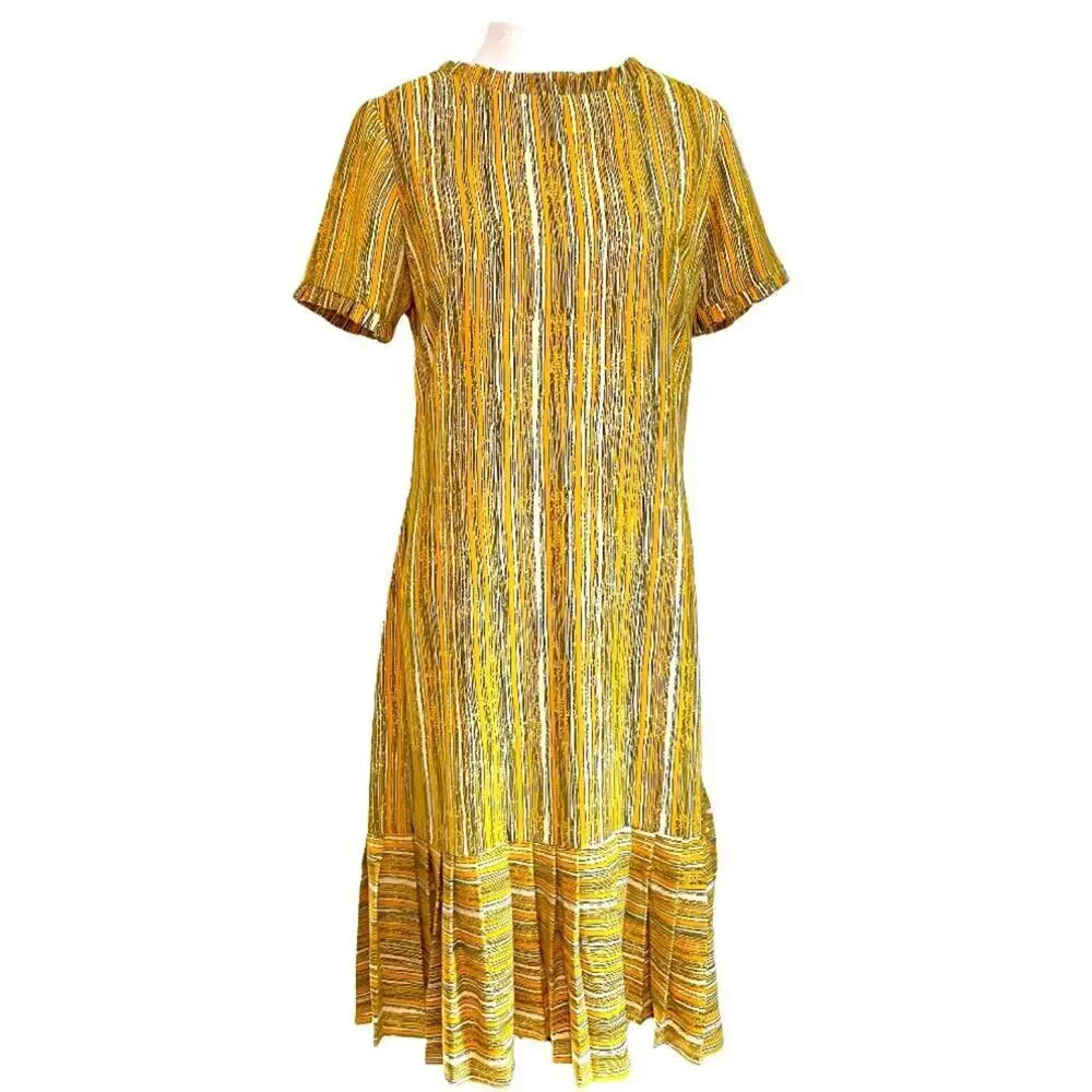 Parisian Chic Style Pleated Ruffle Shift Yellow Sun Summer Dress